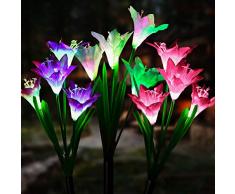 Solarleuchte Garten, JuguHoovi 3 Stück Solarleuchten für Außen, Garten Lampen Lilie Solarlichter mit größerer Blume und Breiterem Solarpanel für die Gartendekoration (Weiß, Pink & Lila)