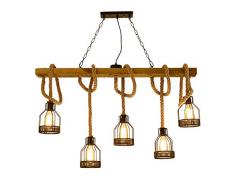 Vintage Industrie Wind Pendelleuchte Hängelampe Schwarz Eisen DIY Hanfseil Holz Design Käfig Lampenschirm Pendellampe Hängeleuchte Retro Anhänger Leuchter Kronleuchter 5 Flamming L110CM Höhenverstellb