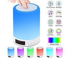 Nachttischlampe mit Bluetooth Lautsprecher,Berührungssensor Nachtlicht Nachttischlampe mit Wecker, FM-Radio, Dimmbarem Warmem Licht und 7 Farbwechselnden Tragbaren Campinglaternen für Kinder,Geschenke