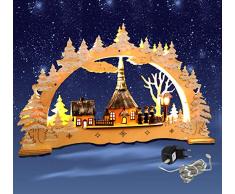 Fensterleuchter Schwibbogen, Seiffen mit Kirche, Lichterbogen, Weihnachten 3D mit LED und Trafo [Energieklasse A+++]