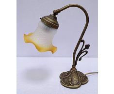 linoows G151: Jugendstil Tischlampe, Lampe Messing mit orange/weißem Glas Schirm