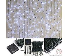 Lichtervorhang Solar Außen 2m x2m,Vorhang Lichterkette,8 Modus,200 LED Wand Fenster Hintergrund Dekor Lichterketten für Party Zuhause Garten pavillon Geburtstag Dekor,Dunkelgrünes Kabel-Kaltes Weiß