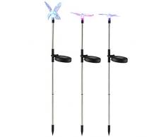 LEDGLE 3er Set Solarleuchten Garten Solar Stableuchten Farbwechsel LED Libelle Kolibri Schmetterling Solarlampen für Garten, Balkon und Terrasse