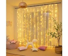 LED Lichtervorhang, Lichternetz 3x3m 300 LEDs, IP44 Wasserfest Niederspannung 31V, 8 Modi Vorhang Lichterketten für Innen, Weihnachten, Kinderzimmer, Außen, Party, Hochzeit usw. Warmweiß