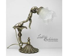 Tischleuchte Echt-Messing Glasschirm Blütenform Deko Putte Handarbeit Massiv Premium Qualität Jugendstil Tischlampe