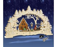 Schwibbogen, LED-Beleuchtung, Winterdorf mit Waldhaus und Kindern, Lichterbogen, Weihnachten, 3D mit LED
