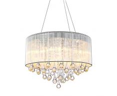 E14 Regentropfen Kristall Kronleuchter Silber Runde Decke Pendelleuchte 6-Lights Deckenleuchte Mit Gebürstet Aus Stoff Hängelampe Für Wohnzimmer Schlafzimmer Küche Esszimmer Gang Loft Ø24CM