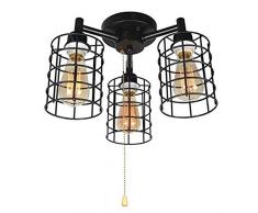 Retro Deckenleuchte E27x3 LED Deckenlampe mit Zugschalter, Schwarze Pendelleuchte Schmiedeeisen Käfig Hängeleuchten Innenbeleuchtung Dekoration für Wohnzimmer Schlafzimmer Restaurant Küche Korridor