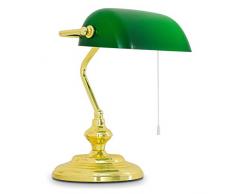 Klassische Bankerlampe, Retro Tischlampe aus Metall in poliertem Messing, Leuchtenschirm aus Glas in Grün, 1 x E27 max. 60 Watt, Tischleuchte für Büro u. Schreibtisch, Zugschnur zum An-/Ausschalten