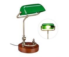 Relaxdays Bankerlampe, Retro Schreibtischlampe, Holzfuß, neigbarer Schirm, E27, Antik Design, Bibliothekslampe, grün