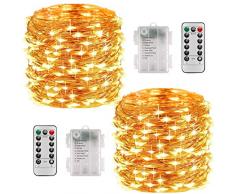 Lichterkette Batterie, 2er 10M 100 LED Lichterkette 8 Modi Außenbeleuchtung Kupferdraht Wasserdichte IP68 mit Fernbedienung und Timer für Innen/Außen Dekoration (Warmweiß)