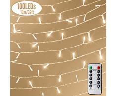 100 LED Lichterkette mit Fernbedienung und Timer, 8 Modi Dimmbar Outdoor Weihnachtslichterkette Batteriebetrieben, 11m, Warmweiß
