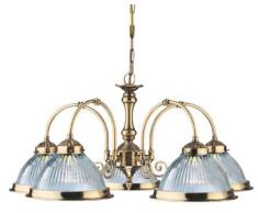 Kronleuchter 5-armig im American Diner-Stil, Messing-Antik-Optik, transparentes geriffeltes Glas, für 5 x 60-Watt-Lampen BC