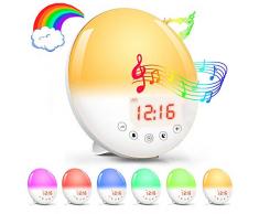 LarmTek Lichtwecker Sonnenaufgang Sonnenuntergang Simulation Wecker, Wake up Licht mit 30 Helligkeit 7 Farbige 8 Natürlichen Sounds und 1 Aufnahmeton UKW-Radio, Snooze Funktion, Kinder Freunde