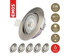 Emos LED Einbaustrahler 50° schwenkbar, Set mit 6 Stück Spots rund, 5W / 450lm / warmweiß 3000k, ultra-flache LED Modul Einbauleuchten für Innen, Farbe nickel/silber