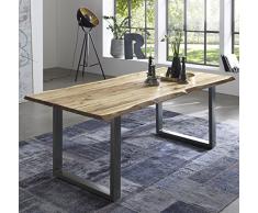 SAM Esszimmertisch 140x80 cm Quintus, echte Baumkante, naturfarben, massiver Esstisch aus Akazienholz, Metallbeine Silber, Baumkantentisch