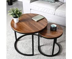 amzdeal Runder Couchtisch 2er Set, Beistelltische Satztische für Wohnzimmer Schlafzimmer, Stabile und Einfache Montage, Hölzerne Tischplatte mit Metallrahmen - 60,4×51cm | 40,2×42,5cm