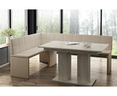 MyStyleWood Eckbank Marta Creme mit Säulentisch Eiche Küchenbank Sitzecke dick gepolstert Kunstleder pflegeleicht stabiles Holzgestell 128x168L