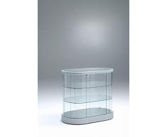 Glasvitrine oval Design Thekenvitrine flach mit Schloss rollbar 100 cm breit - Präsentationsvitrine für Ausstellungen oder Messen