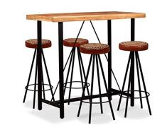 Tidyard- Bar-Set 5-TLG. Massives Sheesham-Holz, Echtleder und Canvas Bartisch Barhocker Bar Set