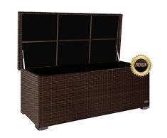 PREMIUM Sienna 650l Polyrattan Garten Kissenbox wetterfest (regnet nicht rein) 155 x 73 x 60 cm, Auflagenbox mit verstärktem Deckel und Gasdruckfedern, als Sitztruhe oder Tischplatte, Java Braun