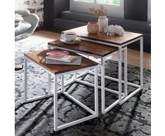 Pharao24 Dreisatztisch aus Sheesham Massivholz Bügelgestellen in Weiß