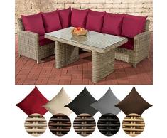 CLP Polyrattan Garten-Set Bermeo 5mm I Rundrattan Eckbank Mit Sitzpolstern Und Esstisch l Sitzgruppe Mit Aluminium-Untergestell Natura, rubinrot