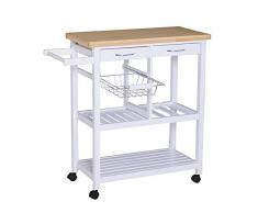 HOMCOM Küchenwagen rollbar Küchentrolley mit Korb Weinflaschenhalter Servierwagen Holz weiß 84,5 x 37,5 x 85 cm