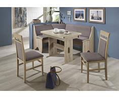 HOWE-Deko Truhen-Eckbankgruppe, Eiche Sonoma Dekor mit massiven Applikationen; Eckbank, 2 Stühle und Wangentisch mit Auszügen und Rundecken; Bezug: Flachgewebe grau-braun; variabel aufbaubar