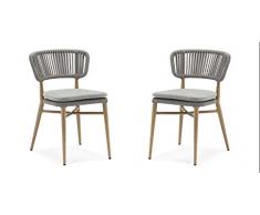 Dublino 2er Set | 2 x Outdoor Geflechtstuhl | Stapelstuhl Jorge, Aluminium in Holzoptik mit Seilgeflecht inkl. Sitzpolster