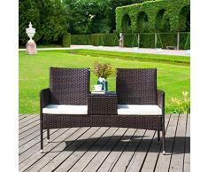 BTM Rattan Garten Möbel Set Balkon Wohnzimmer Möbel Bank Set Gespräch-Stuhl Set Inklusive 2-sitzigen Sofa Stuhl, temperierter Glastisch, Loveseat Style, Braun