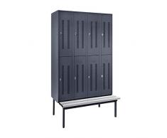 Wolf Halbhohe Garderobenschränke mit Sitzbankuntergestell - 300 mm, 8 Abteile - Lochblech, blaugrau - Garderobe Garderoben Garderobenbank Garderobenbänke Garderobenschrank Garderobenschränke Schrank Schränke Sitzbank Stahlschrank