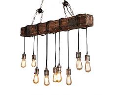 CARYS Pendelleuchte Vintage Kronleuchter Retro Pendellampe aus Holz und Metall Höhenverstellbar E27 Industrial Hängelampe/Hängeleuchte Schwarz für Esszimmer/Wohnzimmer/Küche/Café(10-flammig)