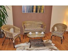 Rattangarnitur Fabion Fb. Zebra , Set Rattanbank , 2 Rattansessel und Rattantisch inkl. Kissen Lavendel