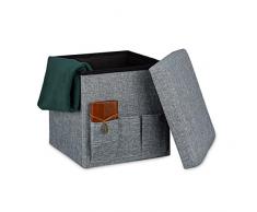 Relaxdays Faltbarer Sitzhocker 38 x 38 x 38 cm stabiler Sitzcube mit 3 Seitentaschen Sitzwürfel aus Leinen Sitzbank als Aufbewahrungsbox mit Stauraum und Deckel zum Abnehmen für Wohnraum, grau