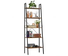 Homfa Standregal Leiterregal mit 5 Etagen Bücherregal Pflanzenregal Blumrenregal Balkonregal Badregal aus Metall und Holz Vintage Industrial schwarz 171x56x38.5cm