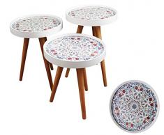 Euro-Tische Beistelltisch rund im 3er Set als Dreisatztisch oder Einzel Kaffeetisch Teetisch weiß mit Ornament (47cm)