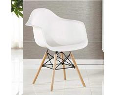 Ajie Retro Stuhl, weiße Sitzschale mit Armlehnen auf massiven Holzbeinen, Verschiedene Stückmengen