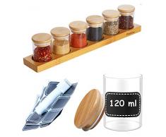 Gewürzregal mit 6 Gewürzgläser 120ml - 10 Etiketten - Luftdicht - Spülmaschinenfest - Regal 42,5cm