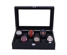 Kasten Uhren 12 Slot Mens-Frauen-PU-Leder-Uhr-Kasten-Organisator Schmuck Vitrine mit Klarglas (Color : Black, Size : 31.5X20.5X8.5CM)