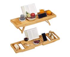 Relaxdays Bambus Badewannenablage & Tablett 2in1, Buchstütze, Weinhalter, Wannenablage, 74,5-114 cm ausziehbar, Natur, H x B x T: ca. 18 x 114 x 25 cm
