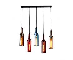 LED Glasflasche Pendelleuchte, Vintage Industriell Wind Hängeleuchte Hängelampe Pendellampe mit Bunt Glas Wein-Flasche Lampenschirm Retro Esszimmerleuchte Kronleuchter Höhenverstellbar (5-Long Plate)