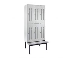 Wolf Halbhohe Garderobenschränke mit Sitzbankuntergestell - 300 mm, 6 Abteile - Lochblech, lichtgrau - Garderobe Garderoben Garderobenbank Garderobenbänke Garderobenschrank Garderobenschränke Schrank Schränke Sitzbank Stahlschrank