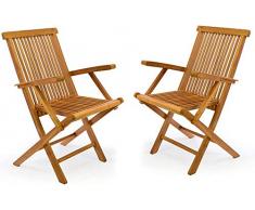 LHXFAN 2er-Set Teakstuhl Gartenstuhl mit Armlehne Klappstuhl Teak Holz Stuhl für Balkon Terrasse Wintergarten witterungsbeständig behandelt massiv klappbar Natur