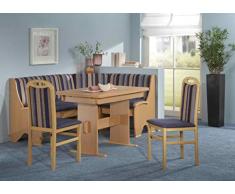 HOWE-Deko Truhen-Eckbankgruppe, Buche Natur Dekor; Eckbank, 2 Stühle und Wangentisch mit Auszügen, Rundecken und mit massiven Applikationen; Bezug: Mikrofaser Kombi blau; variabel aufbaubar