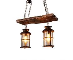 Vintage Industrial Metall Pendelleuchte Leuchte, JOJOM Vintage Holz Kronleuchter 2 Kopf Vintage Industrial Style Retro Rustikal Vintage Industrial Edison Deckenleuchte Linear Kronleuchter 2-Lights