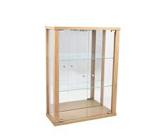 K-Möbel Glasvitrine in Buche (80x60x25 cm) mit 2 höhenverstellbaren Glasböden aus ESG, LED und Spiegel; beleuchet; perfekt für Sammler;
