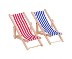 Bememo 2 Stück 1:12 Miniatur Faltbarer Hölzerner Strand Stuhl Liegestuhl Mini Möbel Zubehör mit Rot/ Blau Streifen für Indoor Outdoor