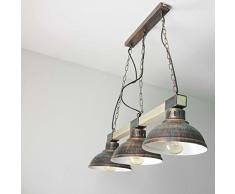 Geschmackvolle Hängeleuchte in Kupfer Antik Holzfarben Vintage Stil 3x E27 bis zu 60 Watt 230V aus Metall & Holz Küche Esszimmer Pendelleuchte Hängelampe Pendellampe innen
