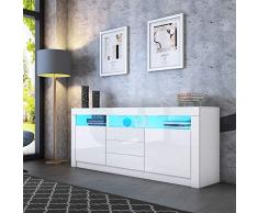 2 Türen 3 Schubladen Kommode Sideboard Hochglanz Mit RGB LED-Beleuchtung Anrichte Buffet Küche Buffetschrank Buffettisch (Weiß)